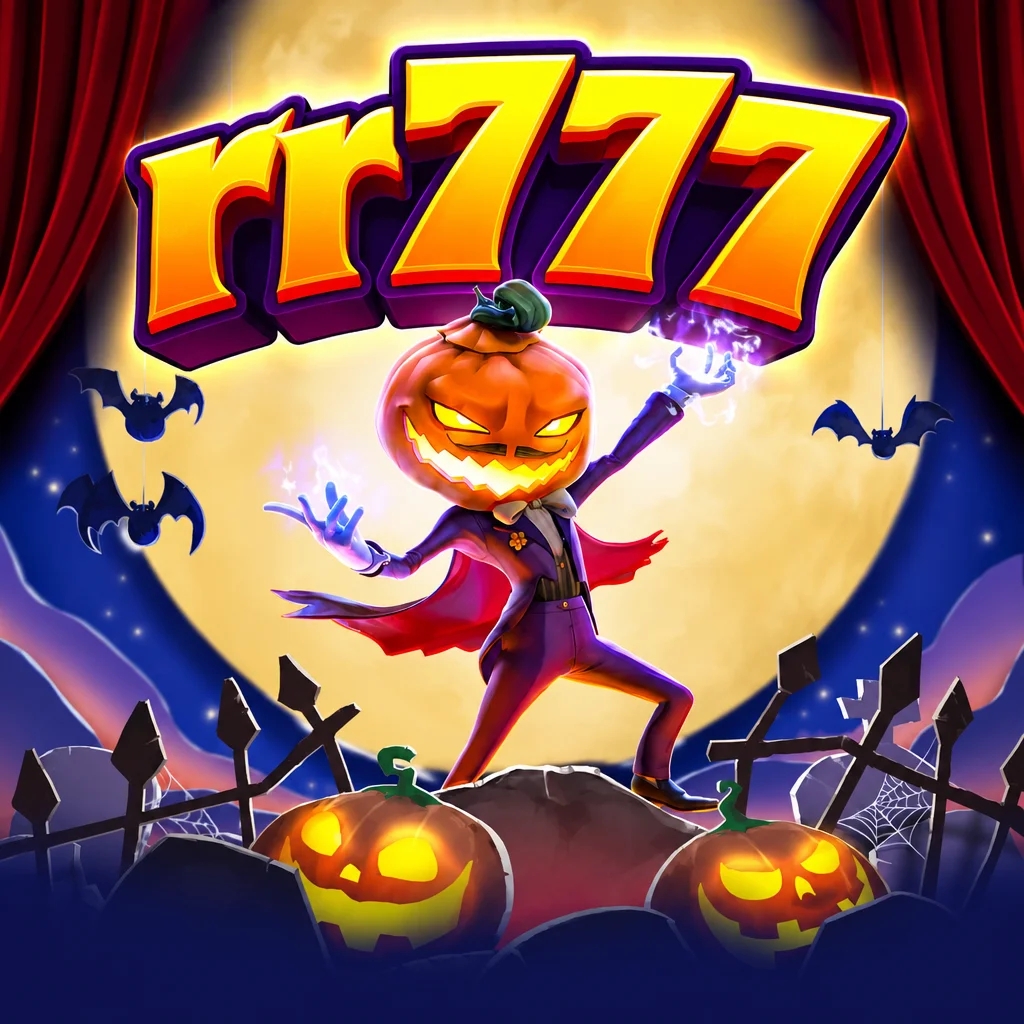 Karakter kepala labu Halloween Mr Hallow-Win dengan latar bulan purnama dan logo rr777